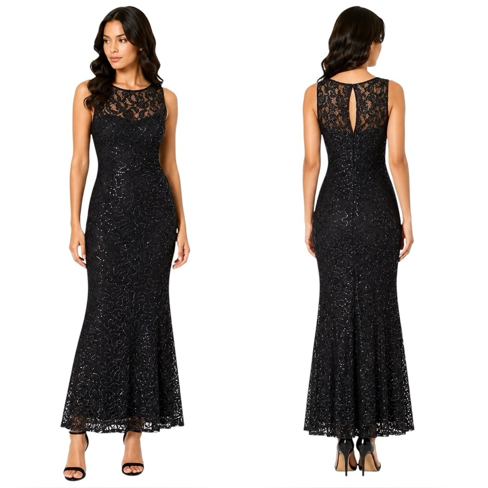 Marina NWT Gunmetal Sequin Lace Evening Gown Size 10 Mermaid Formal Dress